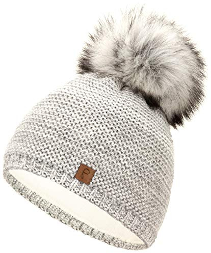 Faera Wintermütze Mütze Damen warm gefüttert Kunstfell Bommel Bommelmütze Fleecefutter Winter Strickmütze Beanie Mütze 31