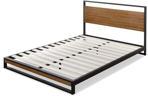 Zinus Suzanne Bed 140 x 190 cm – Höhe des Bettrahmens 18 cm – Plattformbett aus Metall und Holz mit Lattenrost aus Holz – Braun und Schwarz