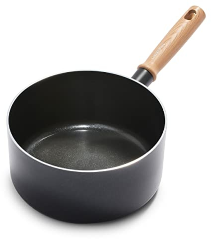 GreenPan Hudson Healthy Ceramic Nonstick, 1.75QT Saucepan Pot, Vintage Wood Inspired Handle, PFAS-Free, Dishwasher Safe, Black