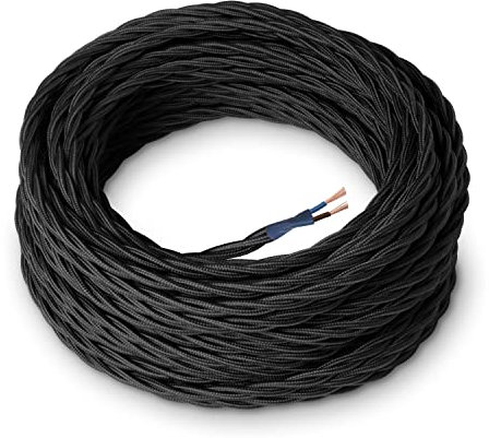 Amarcords - Cable de tela color NEGRO, trenzado, seda, 10 metros, con 2 conductores 2x0,75 - Hilo eléctrico textil de color estilo clásico para lámparas bricolaje y iluminación vintage.
