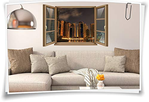 Medianlux Wand-Tattoo Wand-Bild Fenster Dubai Marina Skyline City Nacht Aufkleber Folie Deko Wohnzimmer Küche Folie Digitaldruck, 120x78cm wb22wb992-132760