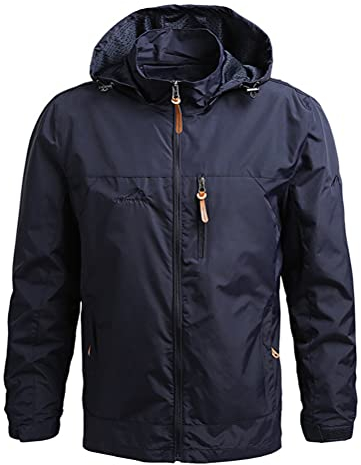 ORANDESIGNE Homme Veste Coupe-Vent De Sport Blouson Léger Mi-Saison avec Capuche Détachable Fermeture Eclair A Bleu Foncé M