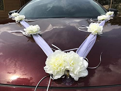 Organza Blumen Girlande Auto Schmuck Braut Paar Hochzeitsdeko Blumenschmuck Autoschmuck Hochzeitsauto Autotürgriff Deko Blumen für Auto PKW Dekor Hochzeit Wedding New Houses Party Feier,Weiß