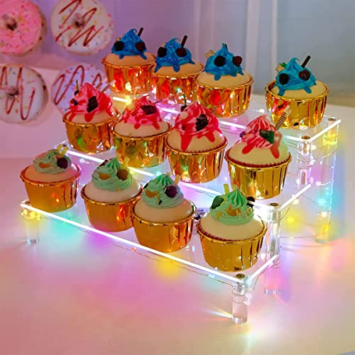 Adifare Cupcake Stand with LED light 3 Tiers Cake Display Stand with String light Acrylic Cupcake Display Shelf Transparent Dessert Tower Table Top Decoration for Birthday Party Wedding Baby Shower
