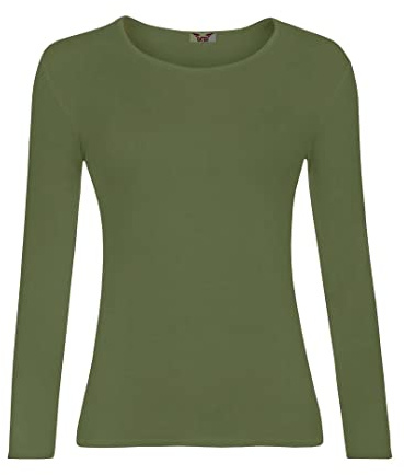 KATSSI Women’s Ladies Long Sleeve Stretch Plain Round Scoop Neck T Shirt Top XL Khaki