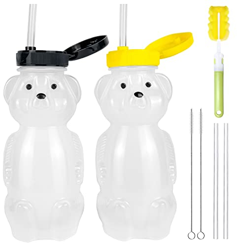 Budding Bear Botella con Pajita Niños y Niñas (Pack de 2) Vaso Pajita Bebe Exprimible Forma de Oso - Botella Infantil Libre de BPA - Necesidades Especiales - Incluye 2 Pajitas, 3 Cepillos de Limpieza