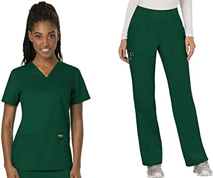 Cherokee Scrubs for Women - Top con scollo a V, WW620, a vita media, gamba dritta, senza cerniera, WW110, verde cacciatore-XS Top/S pantaloni alti