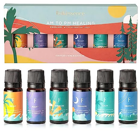 Folkulture Essential Oil Set for Diffuser, Set of 6 Organic Essential Oils for Diffusers for Home, Aromatherapy Diffuser Oil Scents - Lavender, Lily, Lemon, Patchouli, Sandalwood, Bergamot - AM to PM