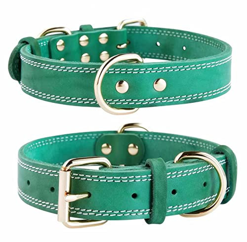 SLZZ Prämie Echtes Leder Hundehalsband/weich Dauerhaft Schwere Echtes Leder Hundehalsband für Rüde Weiblich Kleine X-Kleine Mittlere Große X-Große Hunde-Grün-L
