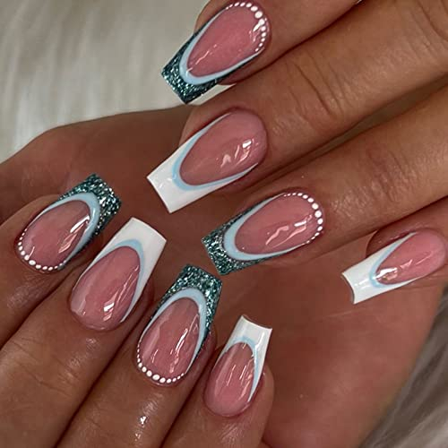 Ceboic 24 Stück Nägel Zum Aufkleben Kurz, Eckig Französische Rosa Glitzer Künstliche Nägel, Glossy Kunstnägel Press on Nails Acryl Stick auf Nägel für Frauen und Mädchen