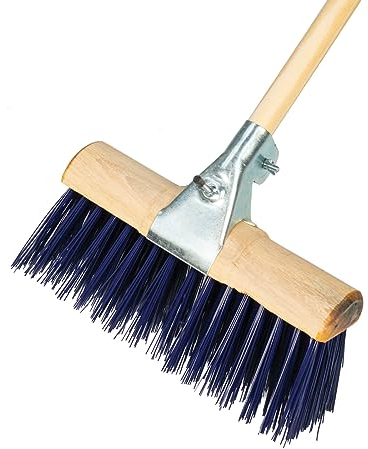 13 Heavy Duty Stiff Blue PVC Birstles Saddle Back Broom Head with Wooden Handle - Outdoor Garden Yard Cleaning Sweeping Brush