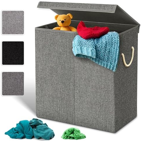 BLADO Collapsible Laundry Basket with Lid Laundry Hamper Basket for Dirty Clothes Storage Basket with Handles Laundry Bags for Bedroom Bathroom bin Living Room (2 Compartmant, Dark Gray)