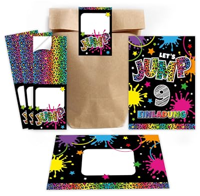 Minkocards 12 Einladungskarten zum 9. Kindergeburtstag Mädchen Jump Trampolin Einladungen neunte Mädchengeburtstag incl. 12 Umschläge, 12 Partytüten/natur, 12 Aufkleber