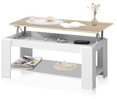 duehome | Mesa de Centro Elevable, Mesa Auxiliar, Modelo LYA, Acabado en Color Blanco Artik y Roble Canadian, Medidas: 102 cm (Largo) x 50 cm (Ancho) x 43-54 cm (Alto)