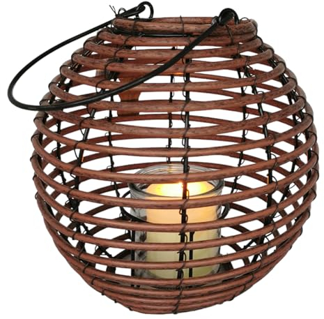 Laterne Rattan braun, Höhe 24cm, mit Windlicht aus Glas Boho Korbgeflecht innen oder außen Kerzenhalter