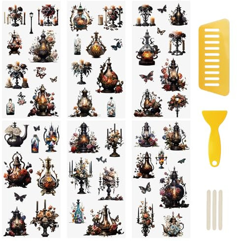 WANDIC Glitzer-Aufkleber zum Aufkratzen, 6 Bögen, Retro-Lampe, zum Aufreiben, Transfer-Aufkleber, Schmetterlings-Aufkleber, Kerzenständer, wasserdichte Aufkleber für Grußkarten