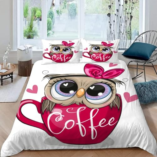 AASIRA Bettwäsche Cartoon-Eule Bettbezug 155x220 mit Reißverschluss 100% Mikrofaser Bettwäsche-Sets Tier 3D Druck Kinder Teenager Pflegeleicht Betten Set mit 2 Kissenbezüge 80x80 cm