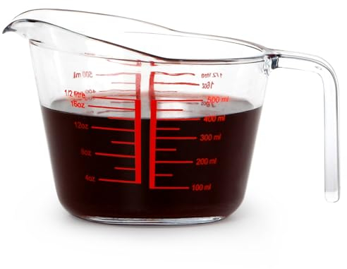 NUTRIUPS Vaso medidor de vidrio de 500 ml, boquilla elevada para verter fácilmente el vidrio medidor, transparente con medidas rojas