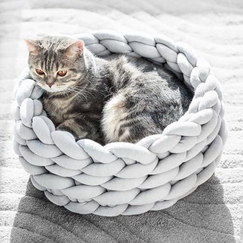 BURLOE Katzenkorb Katzenbett Gewebtes, Katzenbett Katzenkörbchen Klein Hundebett Wärmt Nest Haustier Schlafsack Für Katzen Und Kleine Hunde Zum Schlafen,Grau,45cm