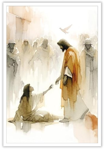 HGNSVRJX Jesus-Poster - Gemälde 'Jesus Heilt die Frau', Christliche Bibelgeschichte, Wunder, Boho-Poster, Religiöse Wandkunst, Leinwanddruck, 30,5 x