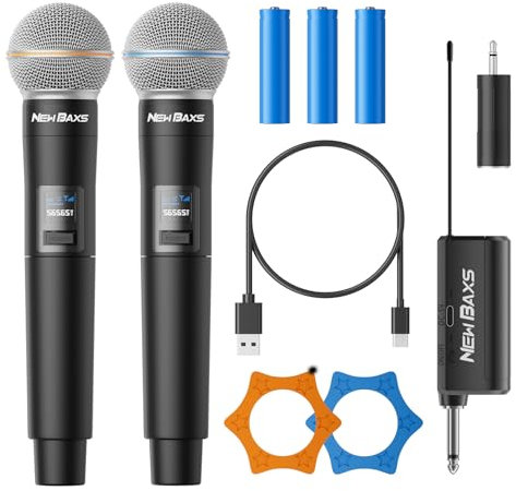 NEW BAXS Rechargeable Wireless Microphone, Dual Cordless Handheld Dynamic Wireless Mics,1/4'' Output for Karaoke, Meeting, Wedding,Singing, Church