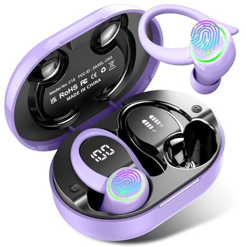 Wireless Earbuds, Bluetooth 5.4 Headphones with 4 ENC Noise Canceling Mic, 50H Playtime Stereo Wireless Earphones with LED Display, Over Ear Buds with Earhooks, IP7 Waterproof for Sport, Light Purple