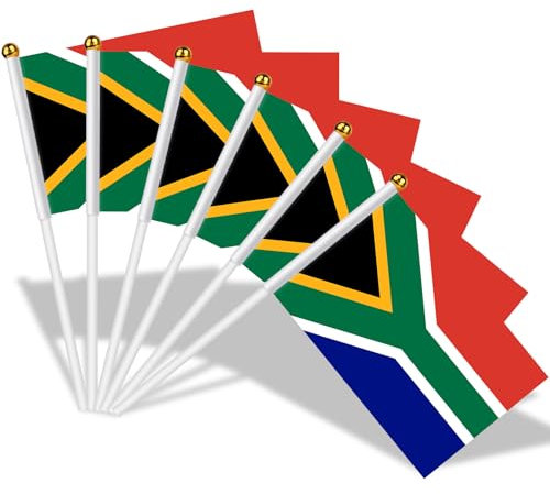 AhfuLife Banderas de Sudáfrica en palos para decoraciones olímpicas, 15 banderas pequeñas de mano de Sudáfrica con poste blanco de 30 cm para decoraciones del Día de la Libertad del 31 de mayo