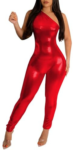 Generico Salopette Jeans Donna Corta Pagliaccetto Aderente Lucido Senza Maniche con Una Spalla Metallizzata Sexy da Donna Tuta Attillata Donna (Red, XXL)