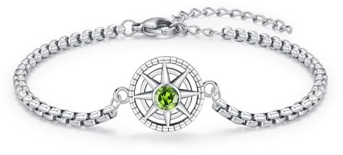 OHAYOO Damen Armband Silber 925 Kompass Geburtsstein August Peridot Armband Schmuck für Damen Herren Mädchen Teenager Geschenke