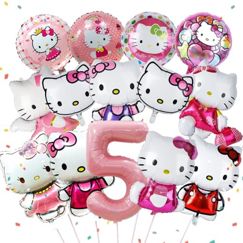14 Stück Ki-tty Geburtstagsdeko Folienballon 5 Jahre, Cute Kindergeburtstag Deko, Cartoon Luftballons Geburtstag Dekoration Set für Kinder Mädchen Katzen kity Themenpartys Dekorationen