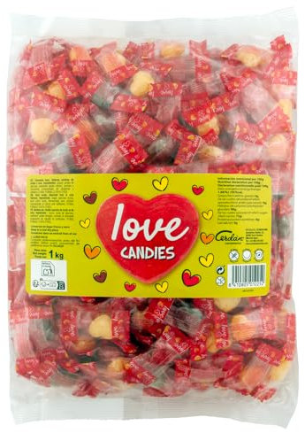 Caramelos Cerdán - Caramelos con Forma de Corazón Love | 333 Uds - Bolsa 1Kg| Sabores Surtidos | Caramelo Sin Gluten ni Alérgenos | Ideal para San Valentín, Fiestas, y Cumpleaños