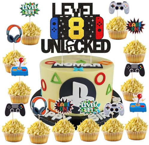 37 Stück Videospiel Tortendeko Geburtstag,8 Jahre alt Party Videospiel Cupcake Topper,Happy Birthday Kuchen Deko, Glitzer Spielkonsolen Thema Torten Deko, Cupcake Topper für Kindergeburtstag Party