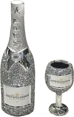 Elegant Silver Crystal Diamond Ornament for Bedroom, Living Room, Dining Room, Table, Deck, and Office Décor - Luxurious Home Accent (Ceramic, Wine Bottle with Glass)