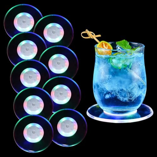 LED Untersetzer, 9 Stück Leuchtende Acryl Untersetzer für Gläser und Weinflaschen - Wasserdicht, Geeignet für Partys, Bars, Bankette