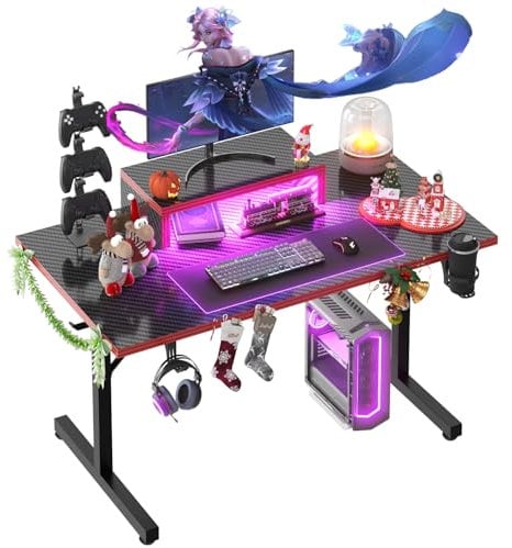 Devoko 140×60cm Gaming Desk With LED,Gaming Desks With Monitor Stand, Carbon Fibre Coating T-frame Design,Ergonomic Computer Desk With Cup Holder And Headphone Hook, Black
