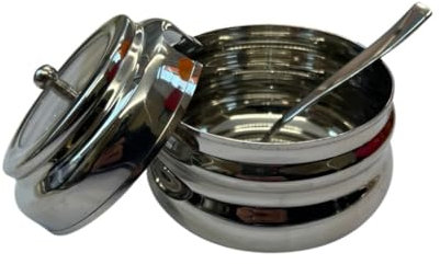 Stainless Steel Multi-Purpose Ghee Butter Oil Pot with Spoon - 9cm x 7cm - Chutney Gravy Dip Condiment Holder, Storage Container
