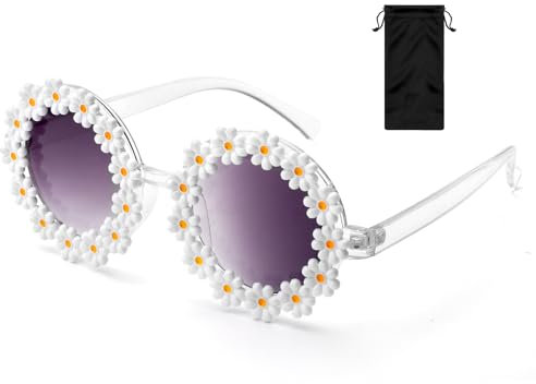 APOMOONS Gänseblümchen Sonnenbrille, Hippie Brille Blumen Sonnenbrille Kinder Damen, Party Brille Rund für Strand Freien, Individuelles Dekoratives Styling