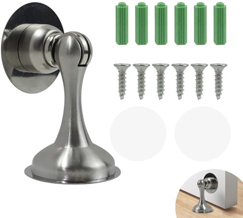 Magnetic Door Stop, 1 Set Adhesive/Screw Fix Door Stoppers, Wall Mounted Doorstops Stainless Steel Magnetic Door Catch Metal Chrome for Indoor Outdoor Use, Skirting Boards, Fire Doors, Home, Patio