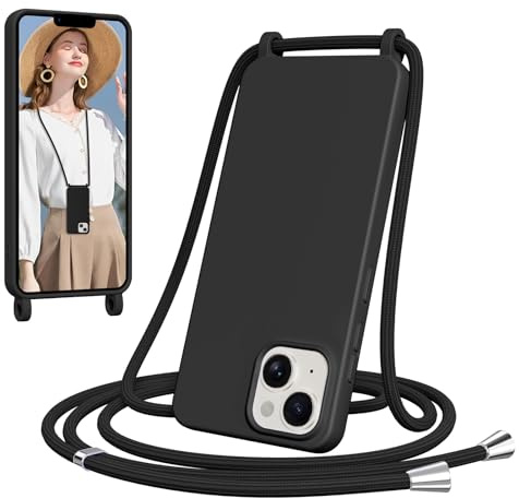 Yxnvixn Crossbody Lanyard Case for iPhone 15, Liquid Silicone Shockproof Protective Mobile Phone Cover with Strap Adjustable Neck Cord Necklace TPU Soft Shell for iPhone 15, Black