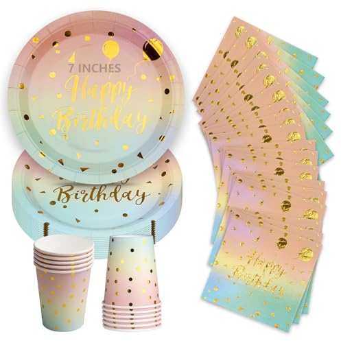 75Pcs Happy Birthday Party Plates Cups and Napkins, 7 Pink Blue Gold Disposable Paper Plates, Paper Dessert Cake Plate, Strong Party Tableware Set 25 Guests for Birthday Decorations