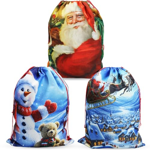 3er-Set große Weihnachtssäcke, 40x56cm, wiederverwendbare Jutesäcke mit Zugband – ideal für Geschenke & Deko