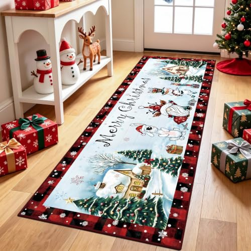 TUKDAK Rot Wichtel Weihnachtsteppich Läufer 60x180cm Waschbar Rutschfest | Kurzflor Teppich Läufer Weihnachten, Niedlich Küchenläufer Weihnachten, Küchenteppich Teppichläufer Badezimmer Wohnzimmer