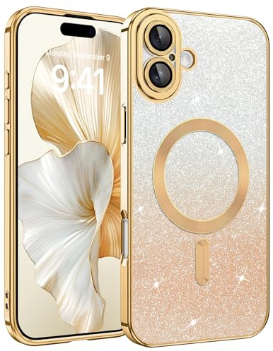 DUEDUE Glitzer Hülle für iPhone 17 6,3'' [Kompatibel mit MagSafe] Glitzer Handyhülle mit Kameraschutz, Magnetische Stoßfeste Schutzhülle Soft TPU für iPhone 17 Hülle, Gold