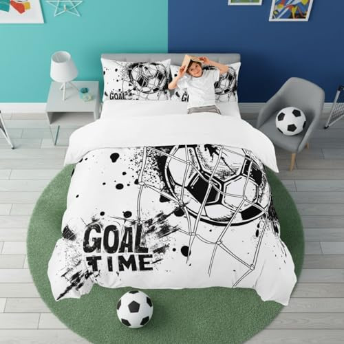 Homewish Fotbollssängkläder för barn dubbel svartvit – fotbolls påslakanset för tonåringar pojkar – modernt fotbollstema påslakan med 2 örngott fotbollstema sängset mjuk mikrofiber