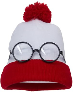 Red White Bobble Beanie with Glasses Knitted Hat Book Day Costume Accessory