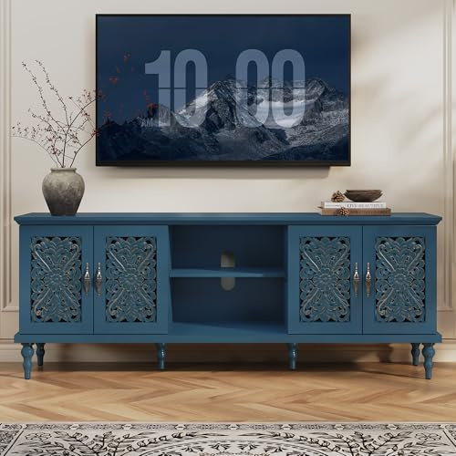HOLTICO TV Units for Living Room, Blue TV Stand Cabinet Fits TVs up to 75 | Vintage Hollow Floral Carving TV Cabinets for Living Room