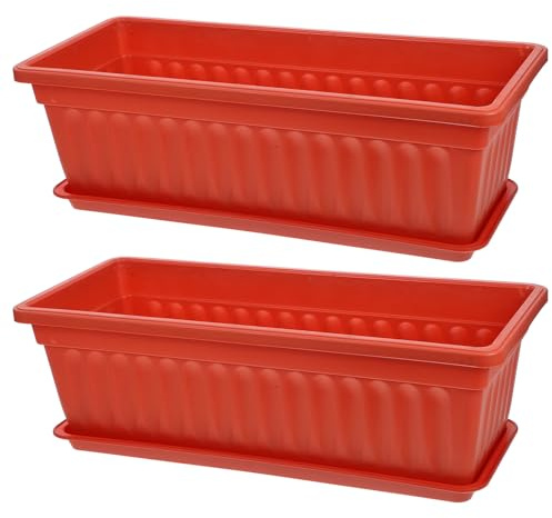 2 Jardinières Rectangulaires Extérieures 45cm en Plastique Rouge Brique | Soucoupes, Drainage et Pieds Surélevés, pour Balcon Potager, Cactus et Culture au Jardin