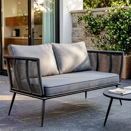 LIFERUN 2-Sitzer Polyrattan Lounge Sofa, wetterfeste Garten- und Balkonmöbel, komfortable Sitzbank mit Lehne, vielseitig nutzbar für Innenbereich, Garten, Terrasse und Wintergarten, Schwarz