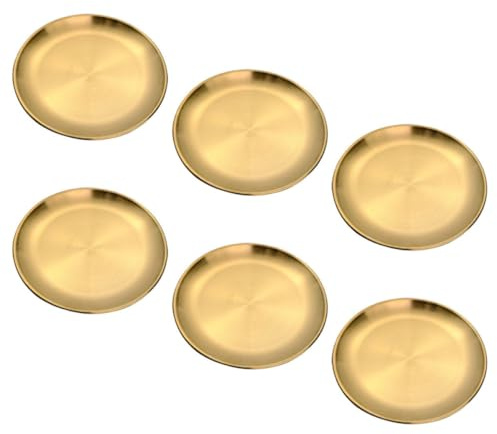 KAJNBN 6 Platos Redondos de Acero Inoxidable Dorado Reutilizables y Ligeros para Camping y Fiestas, Diseño Vintage Estilo Industrial para Adultos