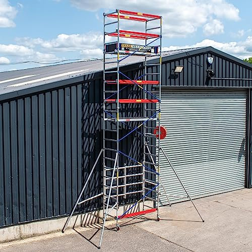 Trade Master Professional Scaffold Tower | 7.4m / 24'3FT Aluminium Tower | 230 KG Load Capacity, Free Built in Leg Height Adjustment, EN1004 Certified, Compact Design, Folding Base Unit